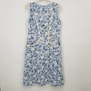 Luca Luca Floral 100% Linen‎ Dress M Sleeveless Silk Lining A-Line Light Blue
